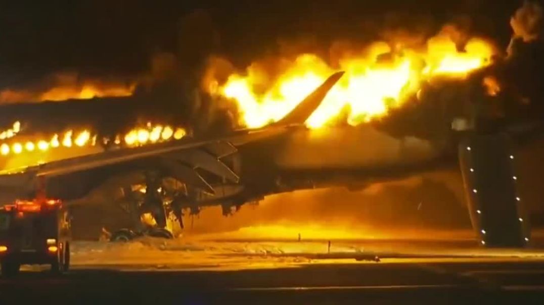 ⁣Japanese Firefighters are Battling to Control Flames from Flight JL 516 Which Collided with a Japane