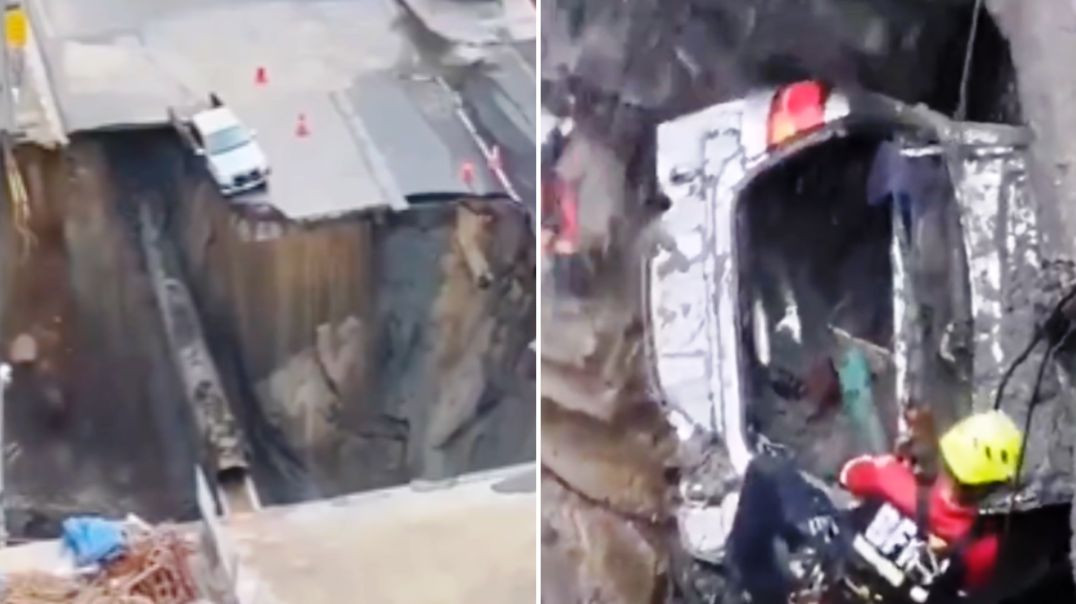 ⁣Bangkok Sinkhole Rescue Turned Dangerous — Soil Collapsed as Officials Reached a Trapped Car